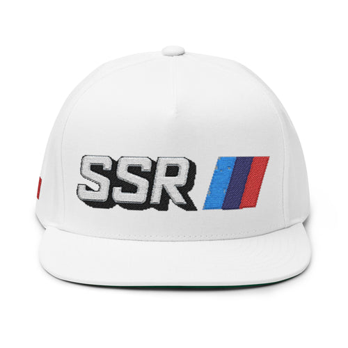 SSR Embroidered Flat Bill Cap — Racing Stripe Trucker Hat